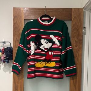 Vintage Disney Green Red White Striped Mickey Mouse Crewneck Sweater